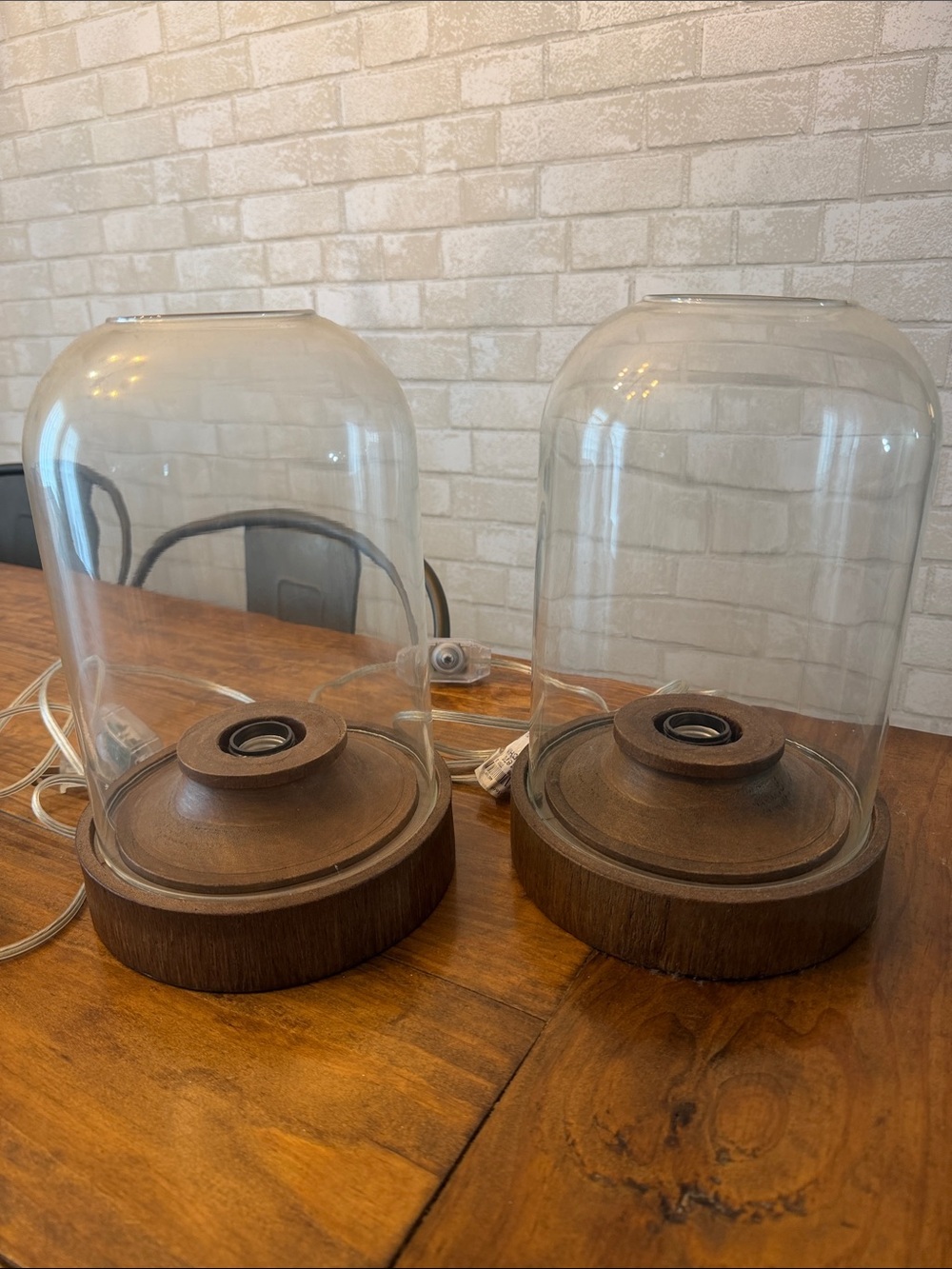 Wood & Glass Dome Accent Lamps in Brown (Set of 2)